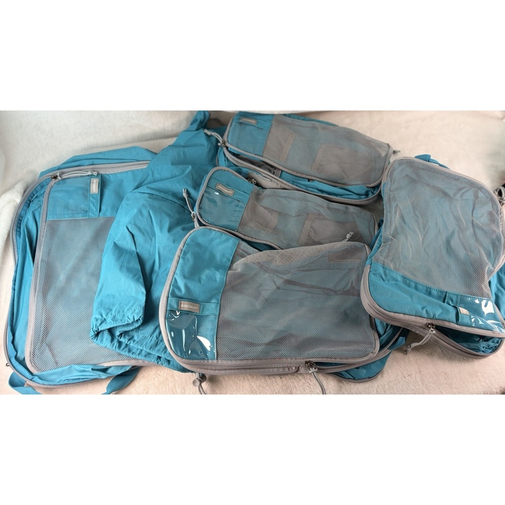 BAGSMART 6 Piece Compression Packing Cubes for Travel Teal With Shoe Bag EUC